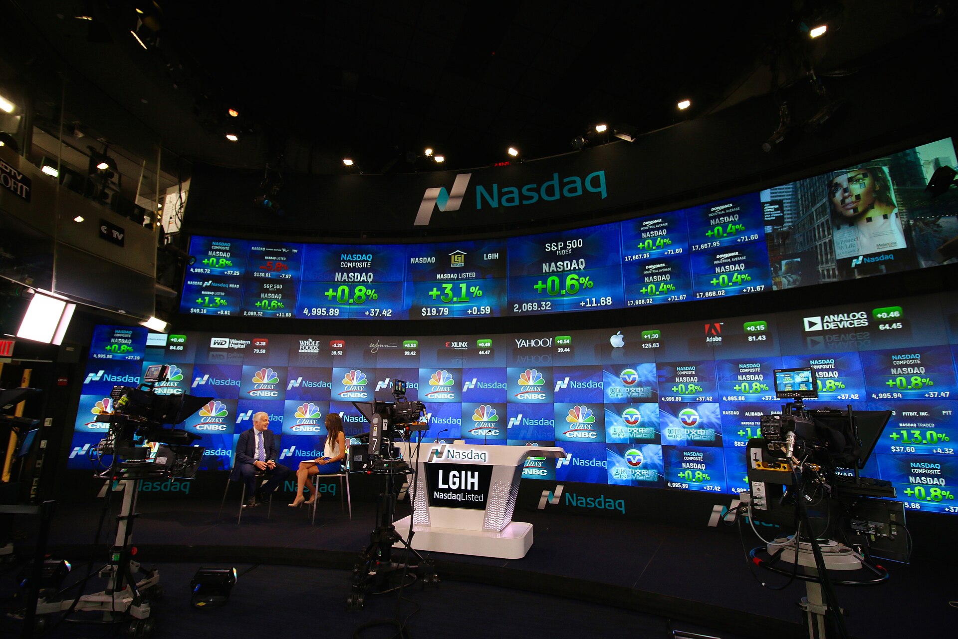 The Nasdaq MarketSite in Times Square, covered in electronic market displays.