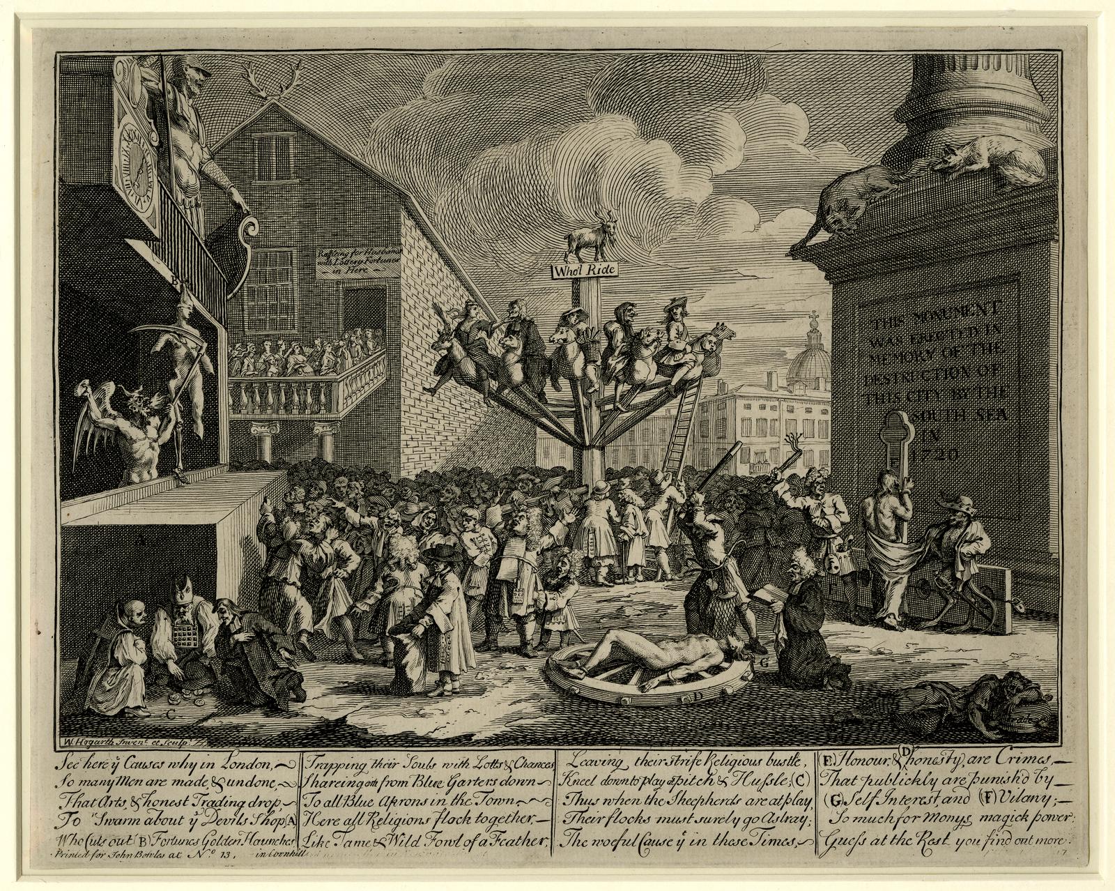 William Hogarth's crowded 1721 satire of the South Sea Bubble, with speculators circling a financial carnival.